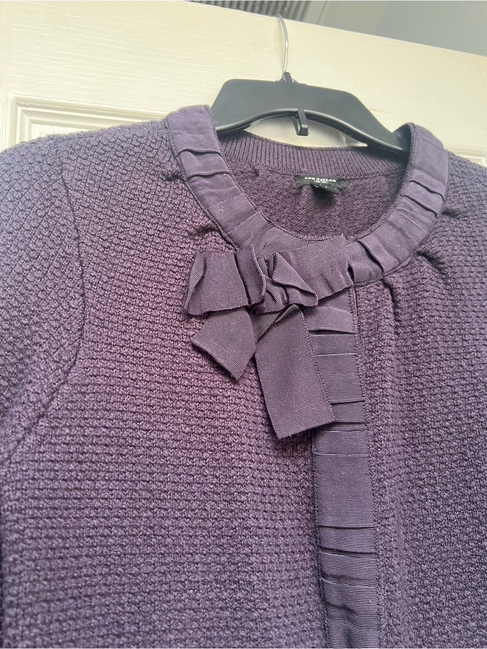 EUC Ann Taylor Plum Knit Cardigan with Neck Bow and pockets size medium - Picture 3 of 9